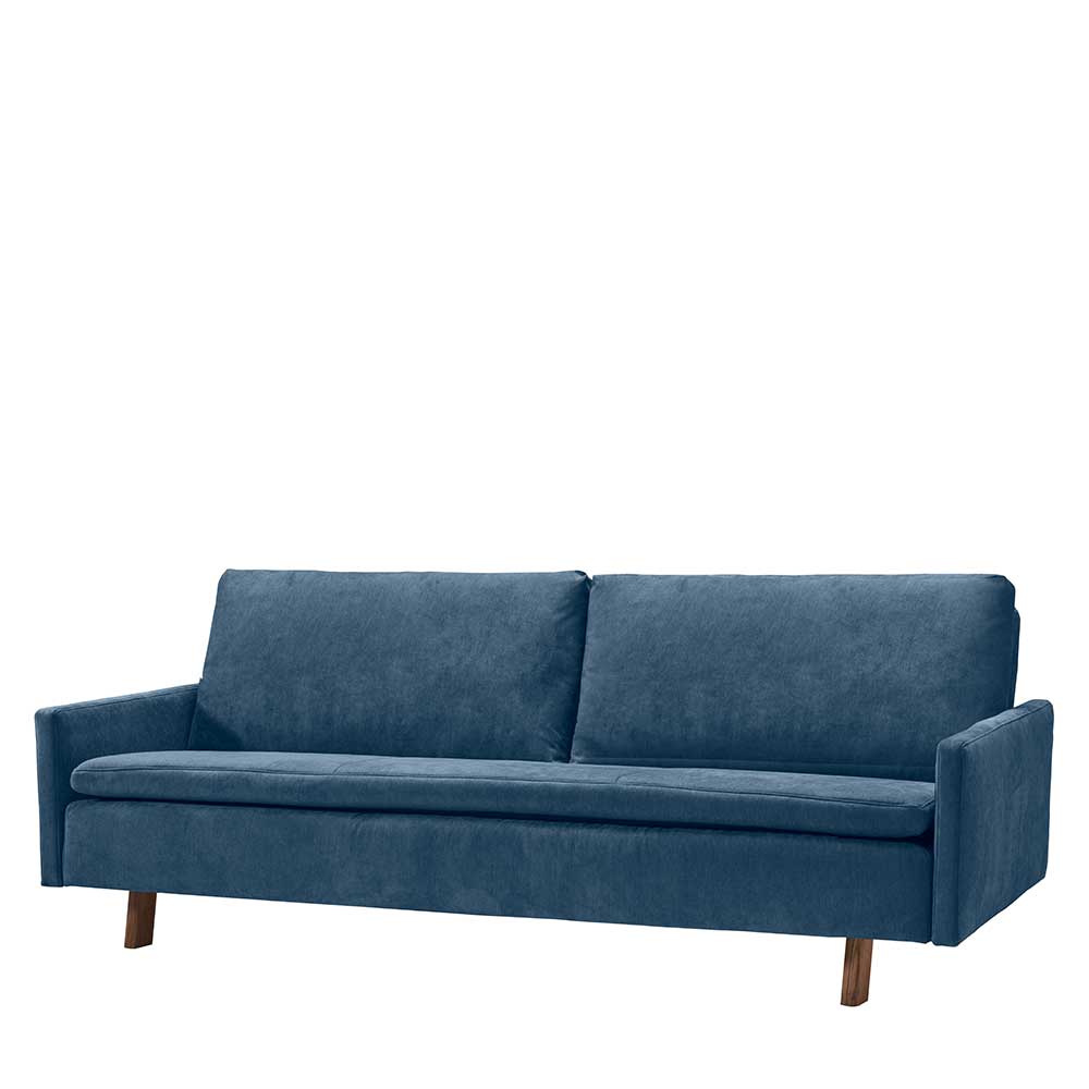 Microvelours Schlafsofa in Blau mit Eiche Beinen - Borough