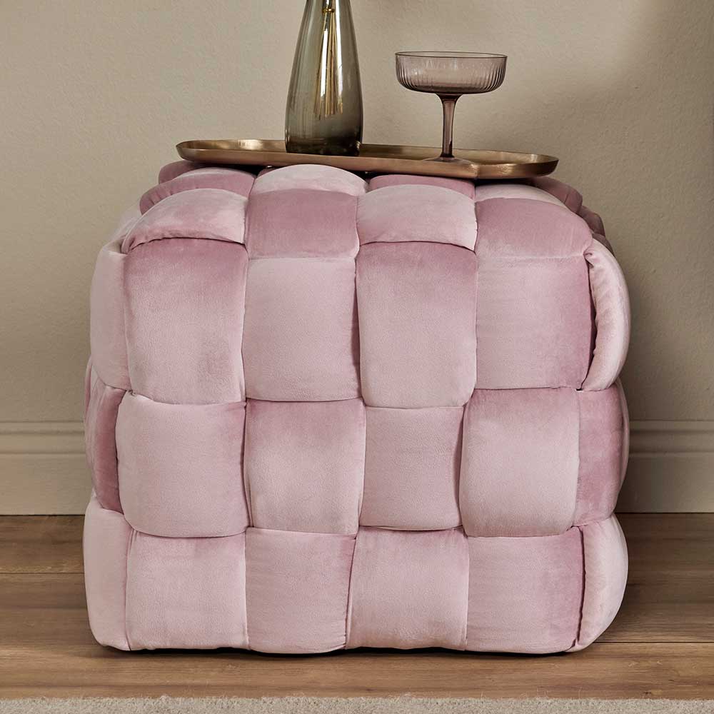 Flechtdesign Hocker in Rosa Samt - Amelie