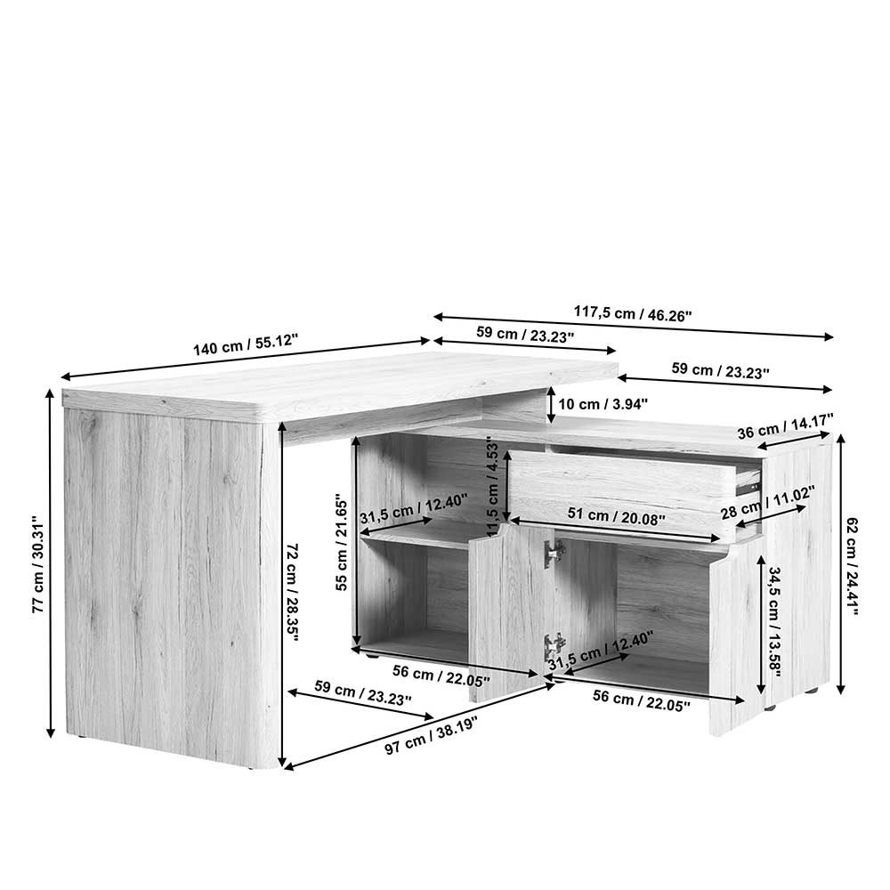 Schreibtisch mit Seitenregal in Eiche Optik - Abacho