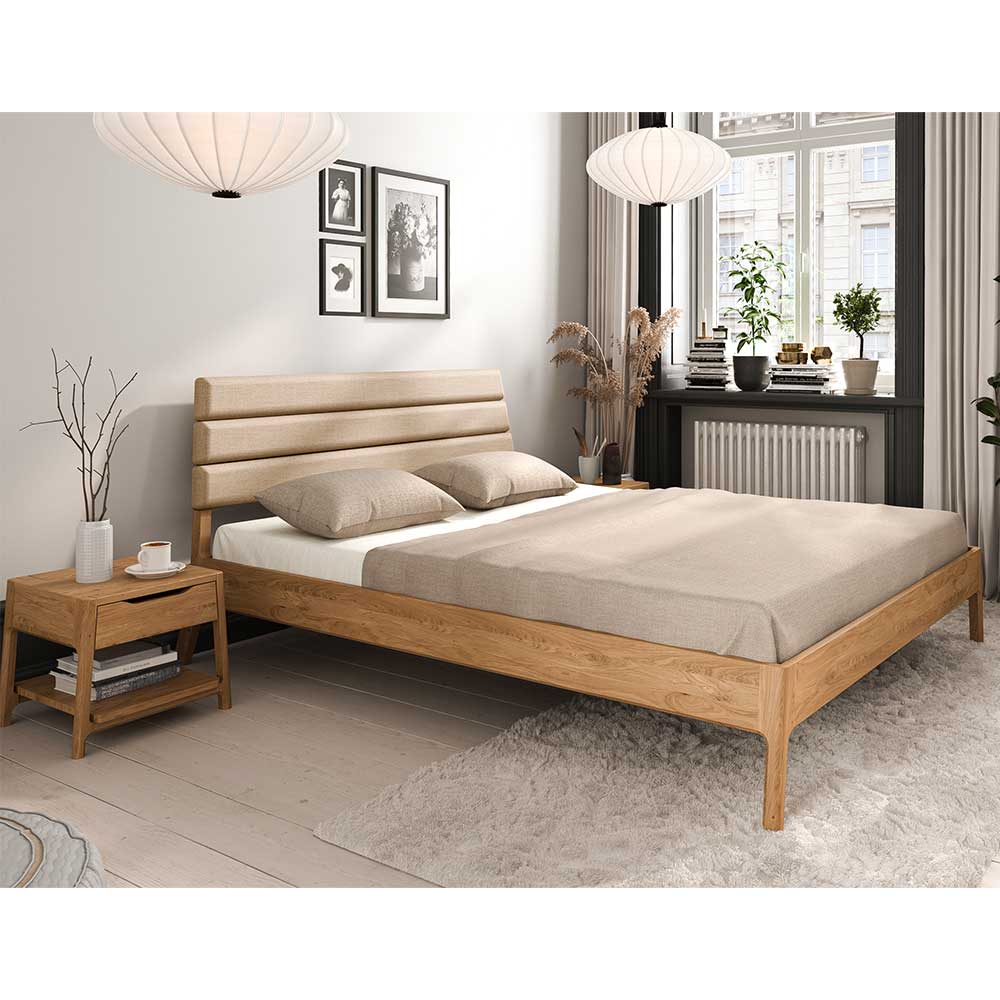 Wildeiche Holzbett mit Polsterkopfteil in Beige - Favorite