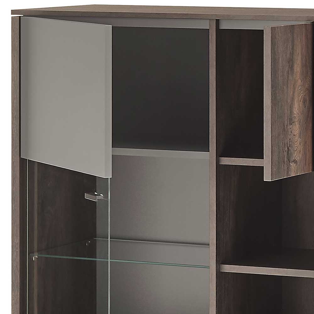 Highboard Vitrine in Eiche Dunkel & Grau - Mundo