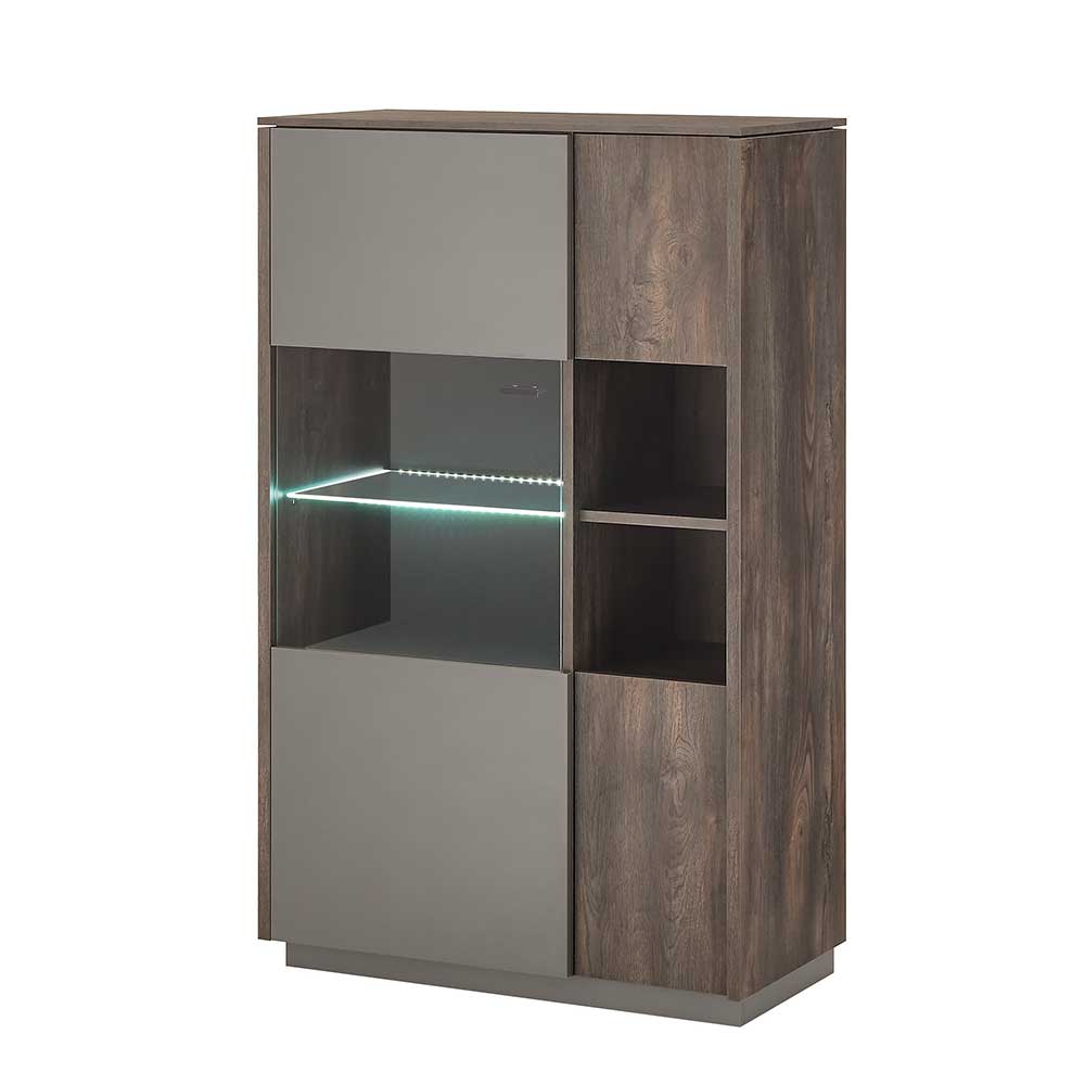 Highboard Vitrine in Eiche Dunkel & Grau - Mundo