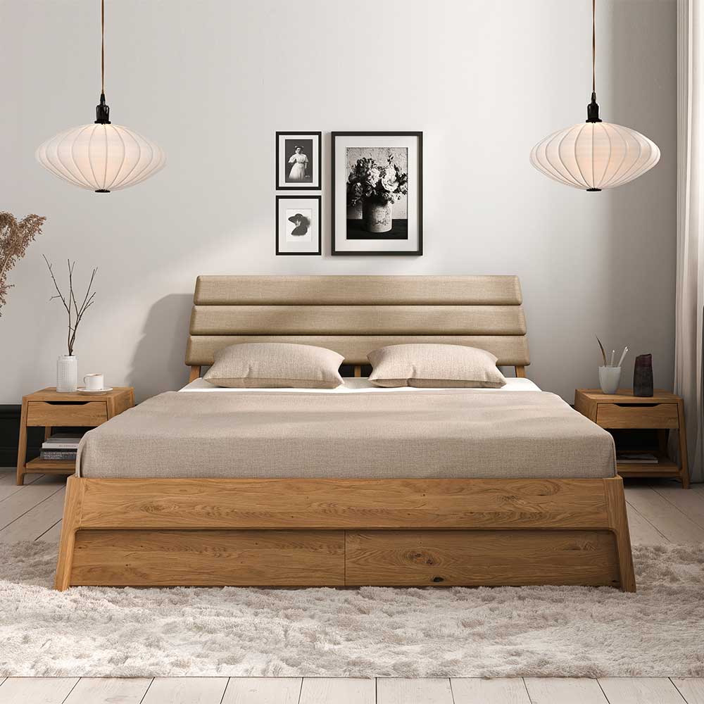 Wildeiche Holzbett mit Polsterkopfteil in Beige - Favorite