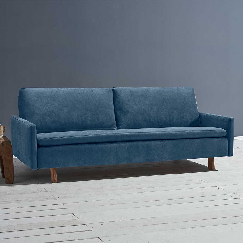 Microvelours Schlafsofa in Blau mit Eiche Beinen - Borough