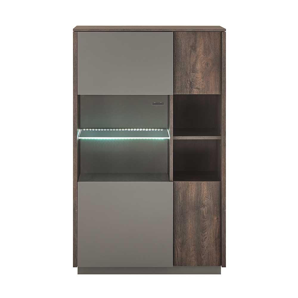 Highboard Vitrine in Eiche Dunkel & Grau - Mundo