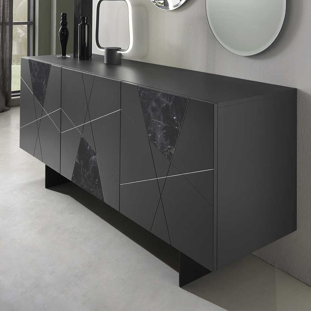 3-türiges Sideboard mit Marmor Einsätzen Schwarz - Wakes