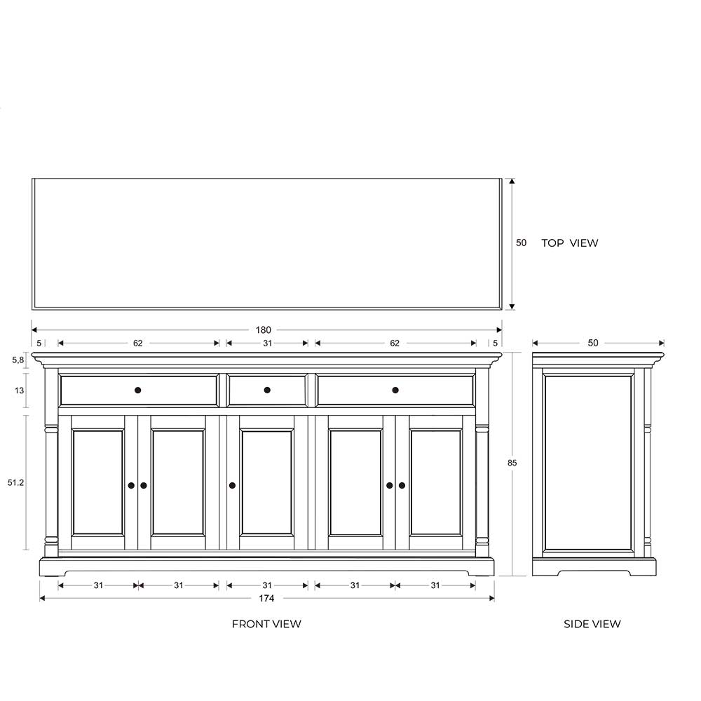 180 cm Landhaus Sideboard in Weiß - Lulzima